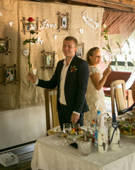 Toned shot of happy smiling bride and groom posing at restaurant