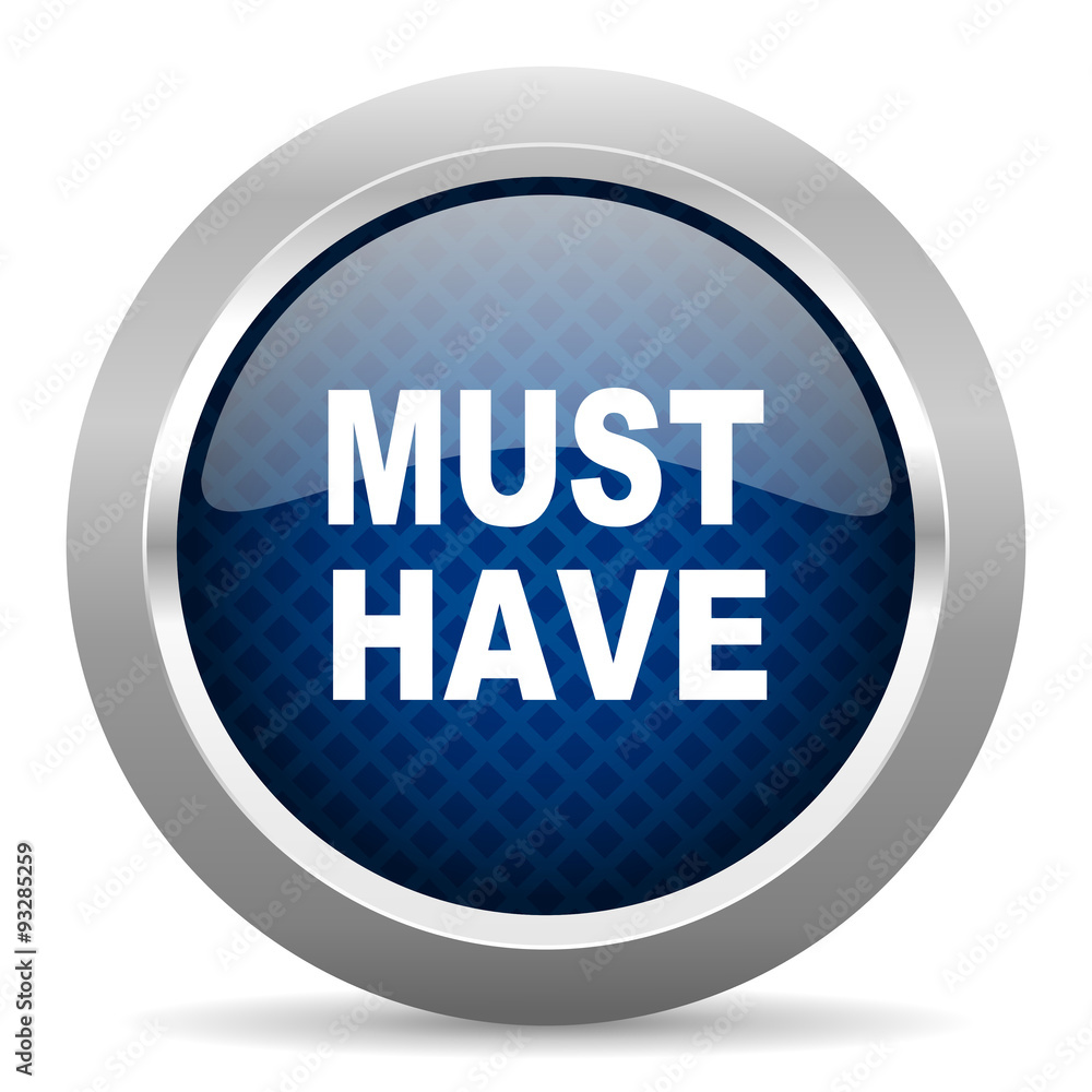 Poster must have blue circle glossy web icon on white background, round button for internet and mobile app