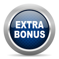 extra bonus blue circle glossy web icon on white background, round button for internet and mobile app