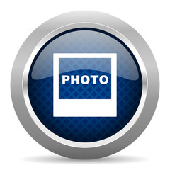 photo blue circle glossy web icon on white background, round button for internet and mobile app