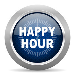 happy hour blue circle glossy web icon on white background, round button for internet and mobile app