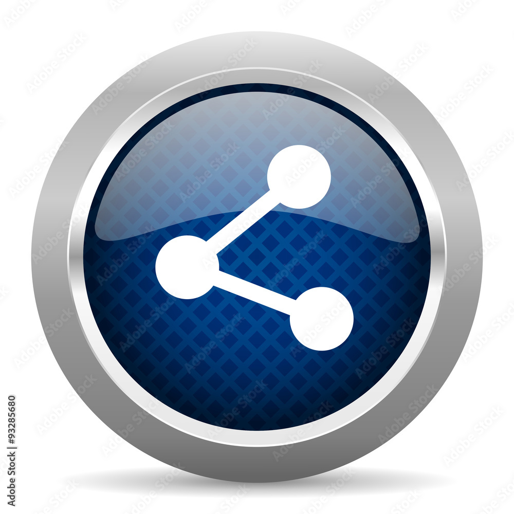 Poster share blue circle glossy web icon on white background, round button for internet and mobile app