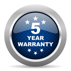 warranty guarantee 5 year blue circle glossy web icon on white background, round button for internet and mobile app