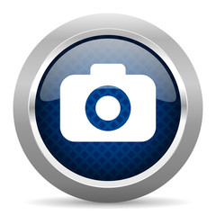 photo camera blue circle glossy web icon on white background, round button for internet and mobile app