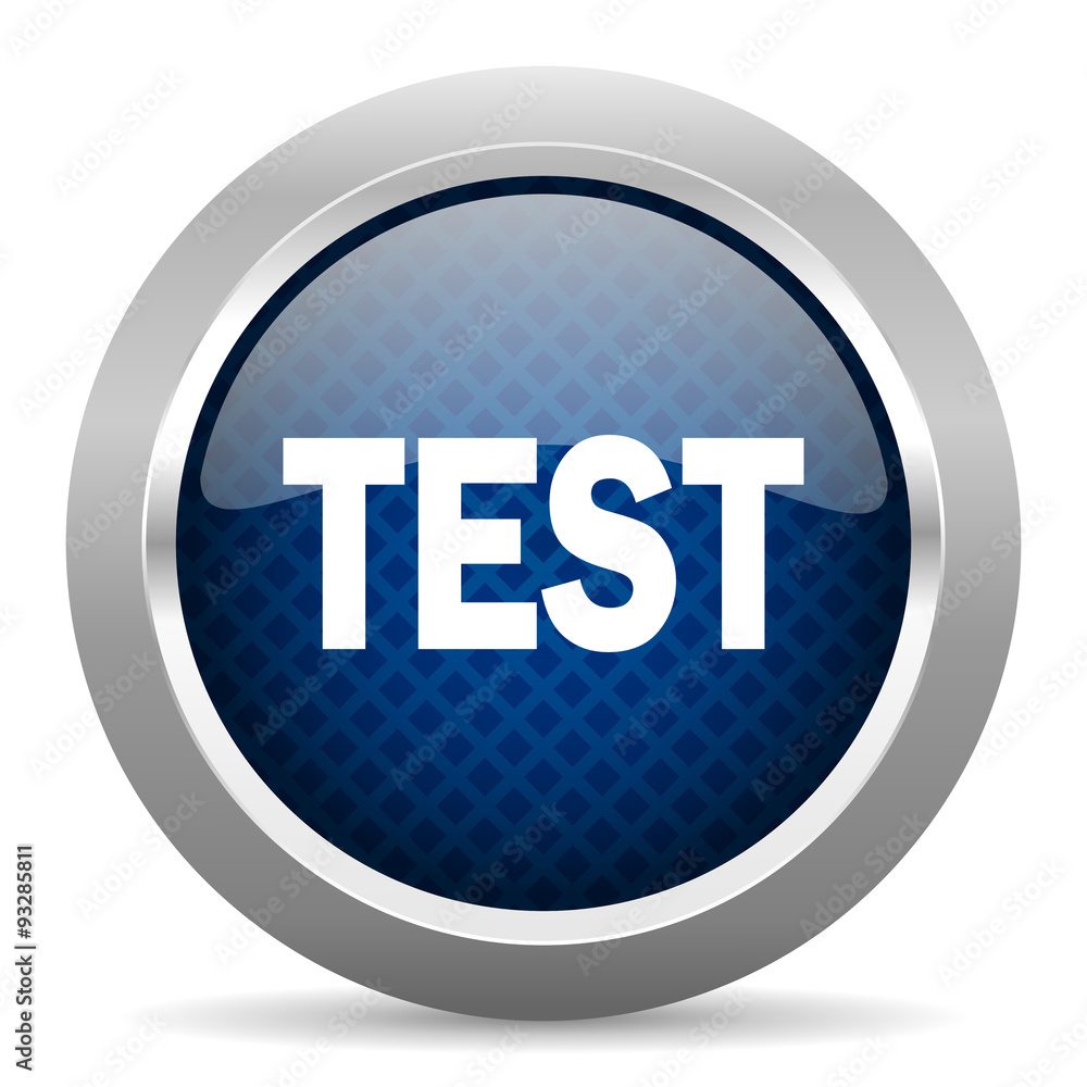 Poster test blue circle glossy web icon on white background, round button for internet and mobile app