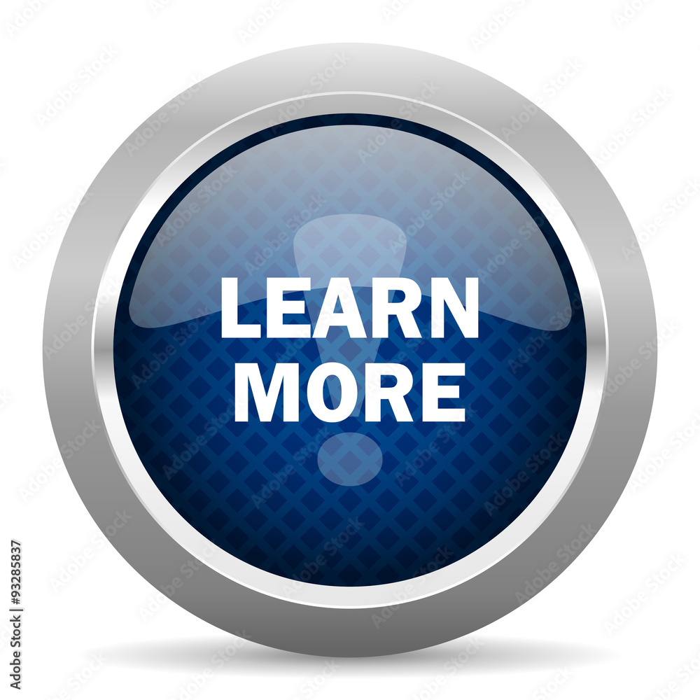 Poster learn more blue circle glossy web icon on white background, round button for internet and mobile app