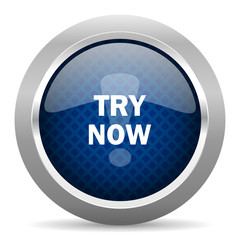 try now blue circle glossy web icon on white background, round button for internet and mobile app