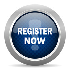 register now blue circle glossy web icon on white background, round button for internet and mobile app