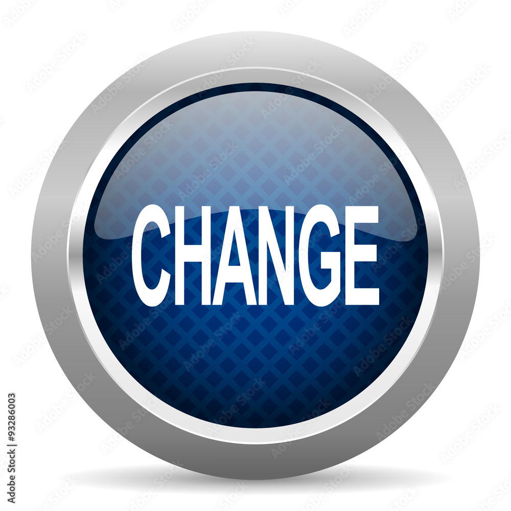 Poster change blue circle glossy web icon on white background, round button for internet and mobile app