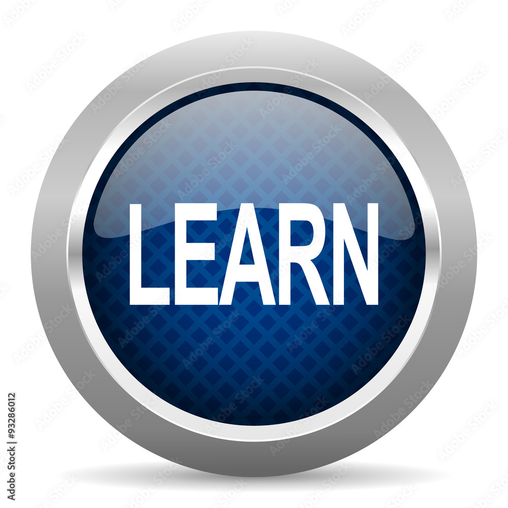 Poster learn blue circle glossy web icon on white background, round button for internet and mobile app