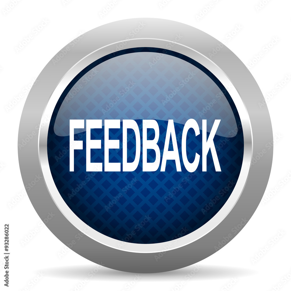 Poster feedback blue circle glossy web icon on white background, round button for internet and mobile app