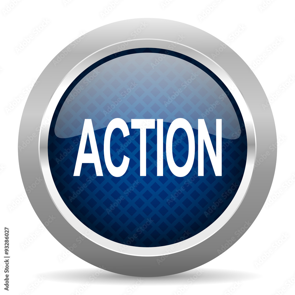 Poster action blue circle glossy web icon on white background, round button for internet and mobile app