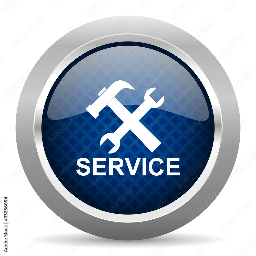 Poster service blue circle glossy web icon on white background, round button for internet and mobile app