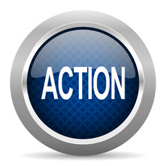 action blue circle glossy web icon on white background, round button for internet and mobile app