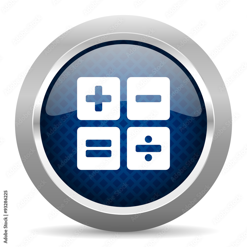 Poster calculator blue circle glossy web icon on white background, round button for internet and mobile app