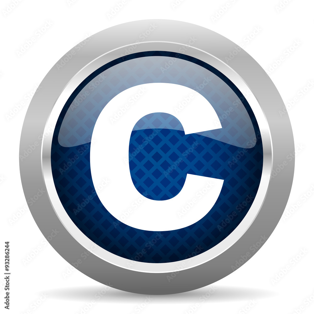 Poster copyright blue circle glossy web icon on white background, round button for internet and mobile app