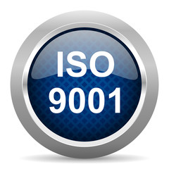 iso 9001 blue circle glossy web icon on white background, round button for internet and mobile app