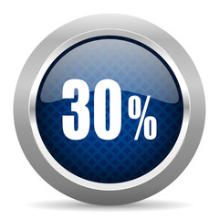 30 percent blue circle glossy web icon on white background, round button for internet and mobile app
