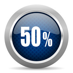50 percent blue circle glossy web icon on white background, round button for internet and mobile app