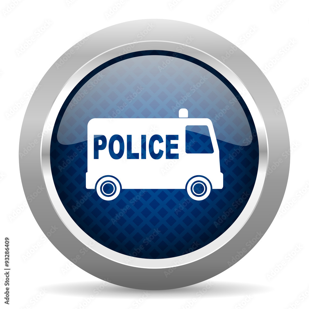 Poster police blue circle glossy web icon on white background, round button for internet and mobile app