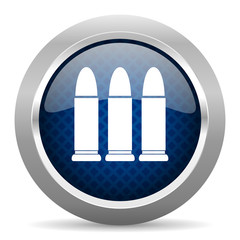 ammunition blue circle glossy web icon on white background, round button for internet and mobile app