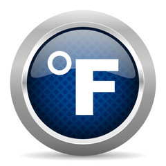 fahrenheit blue circle glossy web icon on white background, round button for internet and mobile app