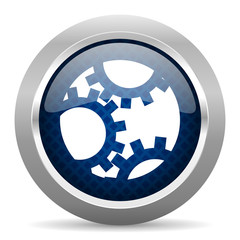 gear blue circle glossy web icon on white background, round button for internet and mobile app