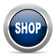 shop blue circle glossy web icon on white background, round button for internet and mobile app