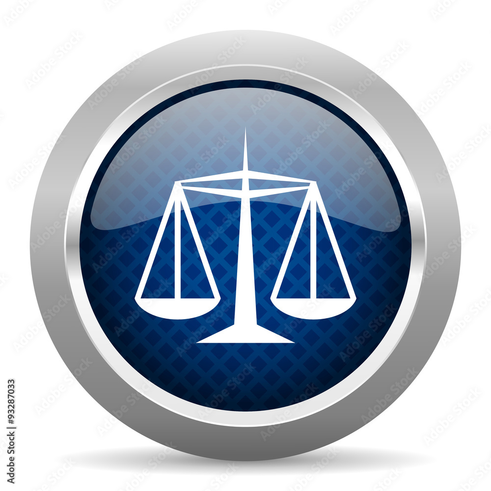 Poster justice blue circle glossy web icon on white background, round button for internet and mobile app