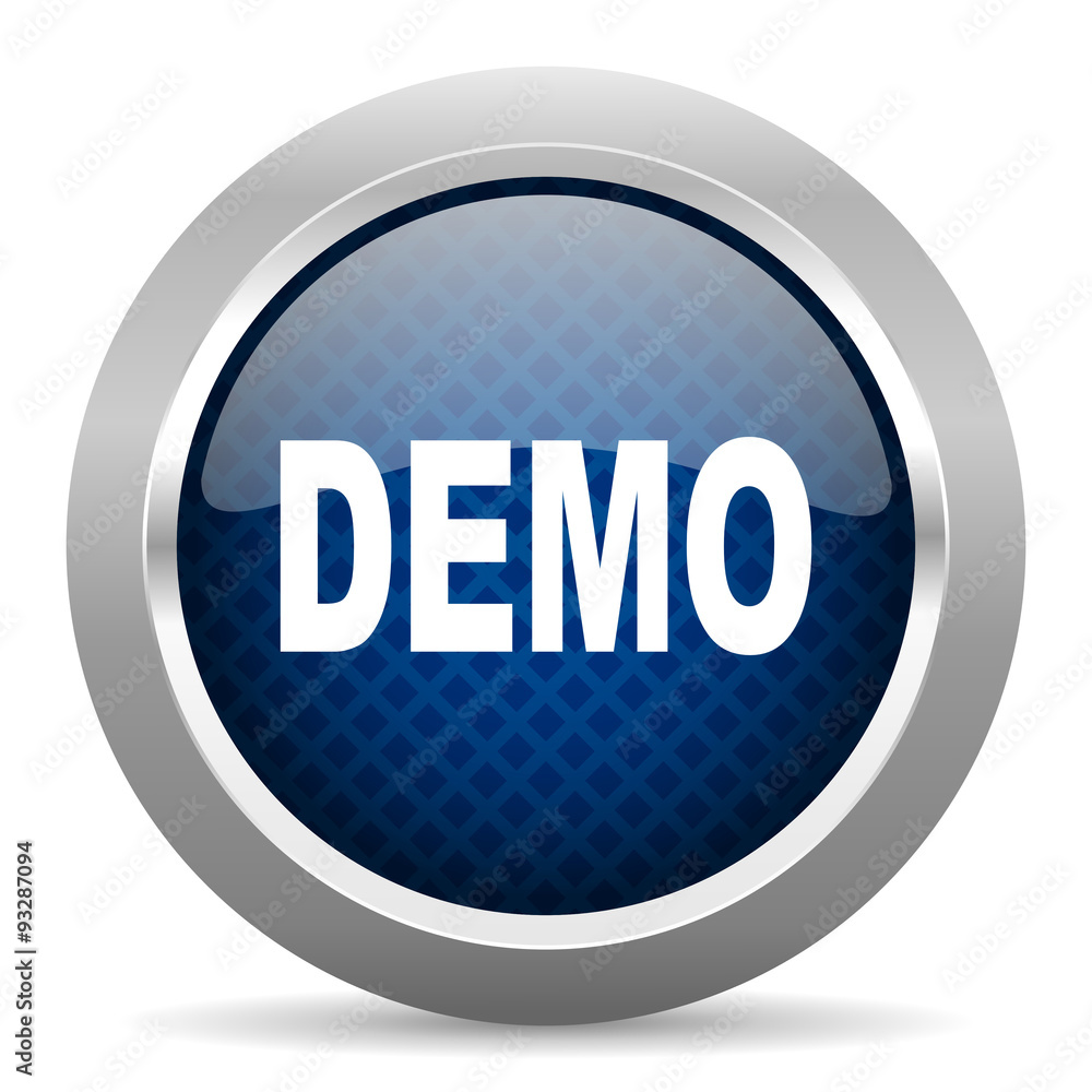Poster demo blue circle glossy web icon on white background, round button for internet and mobile app