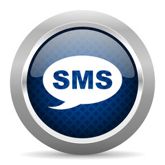 sms blue circle glossy web icon on white background, round button for internet and mobile app