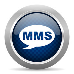 mms blue circle glossy web icon on white background, round button for internet and mobile app