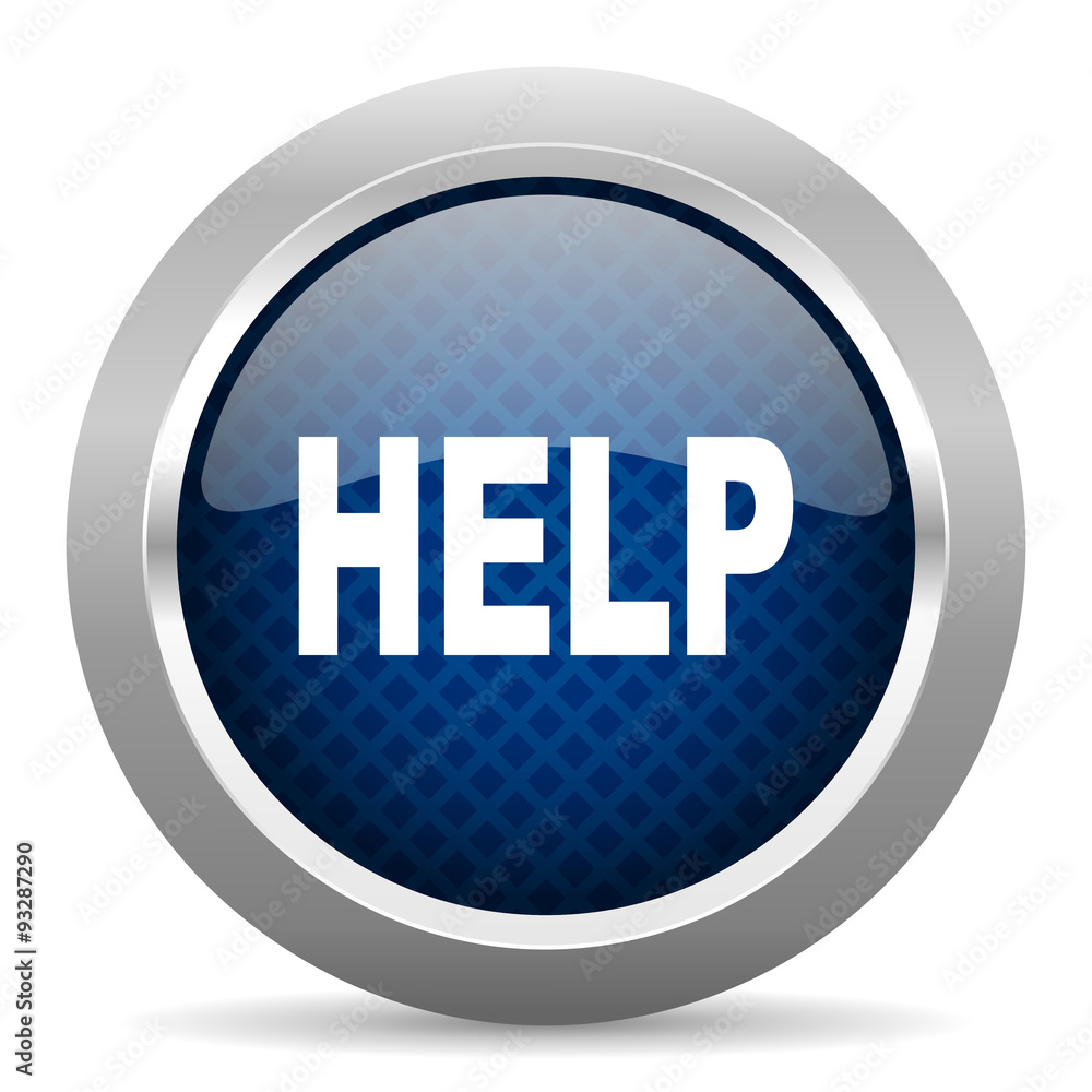 Poster help blue circle glossy web icon on white background, round button for internet and mobile app