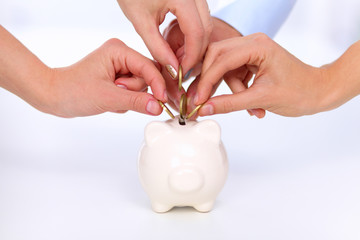 People putting coin into the piggy bank