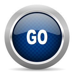 go blue circle glossy web icon on white background, round button for internet and mobile app