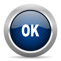 ok blue circle glossy web icon on white background, round button for internet and mobile app