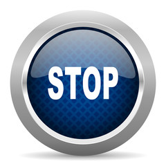 stop blue circle glossy web icon on white background, round button for internet and mobile app