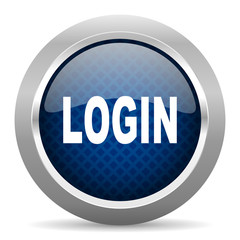 login blue circle glossy web icon on white background, round button for internet and mobile app