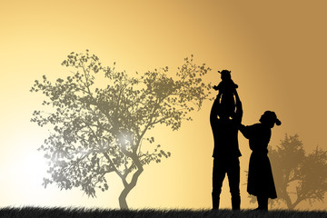 노을이 지는 공원의 세 가족