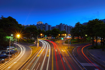 the light trails on the roundabout in Kaohsiung, Taiwan