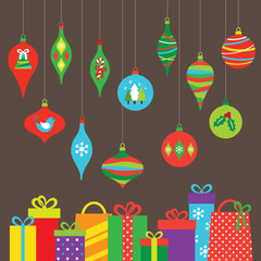 Vector illustration of Christmas ornaments and gifts.