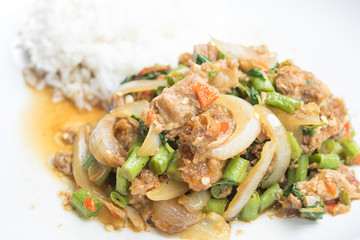Basil Fried Rice with stir fried crispy Pork, Thai famous food