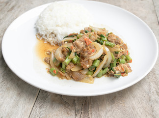 Basil Fried Rice with stir fried crispy Pork, Thai famous food