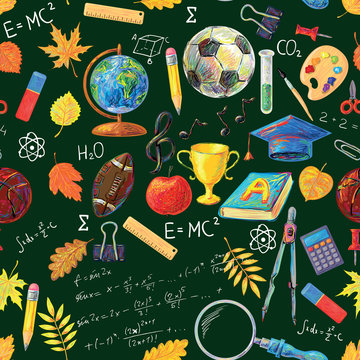 Seamless pattern with scribbled school stationery vector background. Back to school. Book, paint, pencil. Perfect for wallpapers, pattern fills, web page backgrounds, surface textures, textile