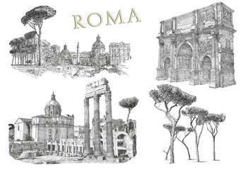 Illustration with view of Rome
 - obrazy, fototapety, plakaty