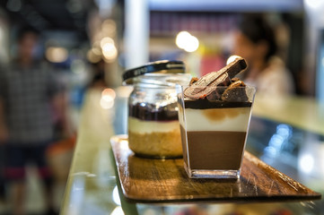 French pastries on display a confectionery shop.
