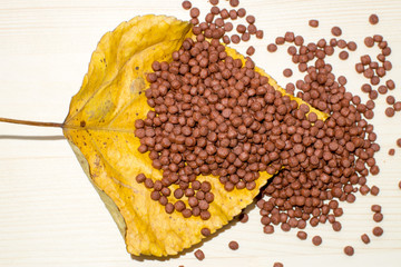 Гранулированный корм для аквариумных рыб на желтом листе. Применяется для улучшения окраски рыб