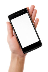 Human hand holding blank mobile smart phone isolated on white ba
