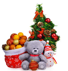 Santa Claus hat and Christmas tree with baubles soft teddy bear toy snow man