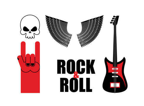 Set symbol rock music . Skull and wings, guitar and rock hand si